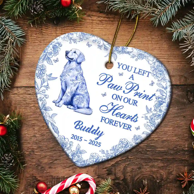 Sad, Memorial, Dog Lovers, Pet Lovers, Cat Lovers, Christmas - You Left A Paw Print On Our Hearts Memorial Dog Cat - Personalized Heart Ceramic Ornament