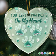 Sad, Memorial, Pet Lovers, Christmas - You Left Paw Prints On My Heart - Personalized Heart Shaped Glass Ornament