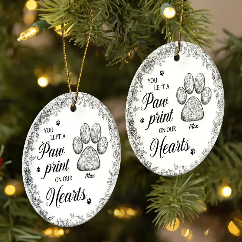 Pet Lovers,Pet Mom,Pet Dad,Dog Lovers,Dog Mom,Dog Dad,Cat Lovers,Cat Mom,Cat Dad,Memorial,Christmas,Sad,Gift For Women,Gift For Men,Custom Photo - You Left Paw Prints On My Heart Memorial - Personalized Circle Ceramic Ornament