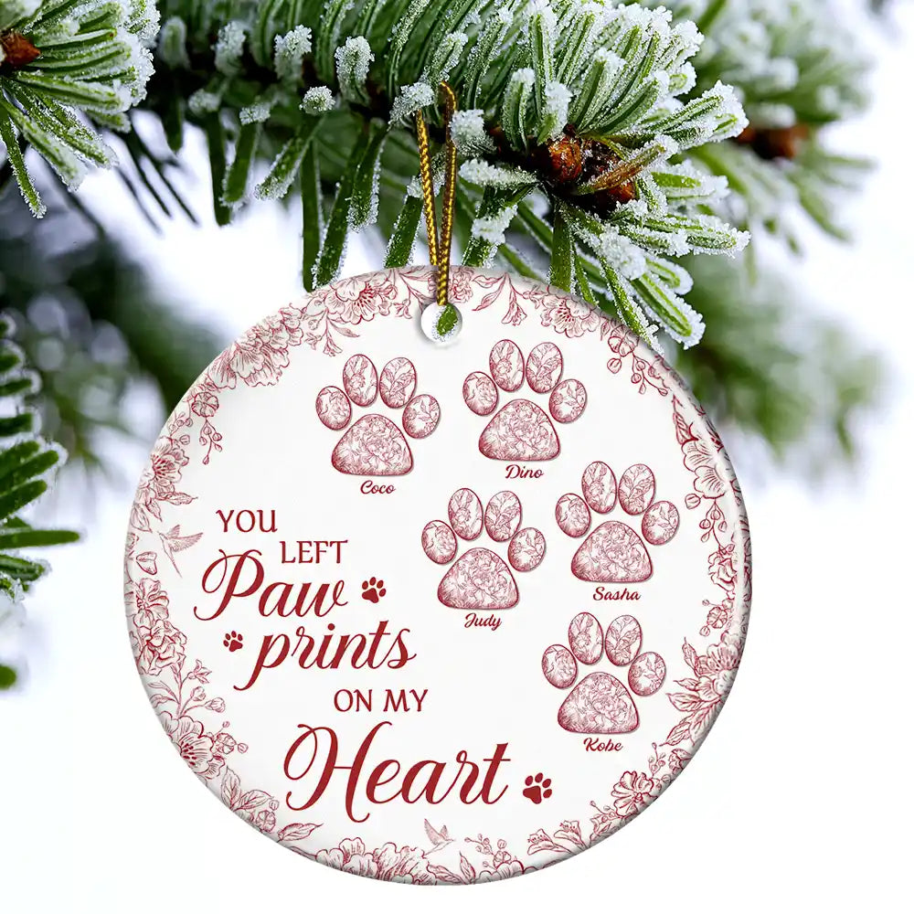 Pet Lovers,Pet Mom,Pet Dad,Dog Lovers,Dog Mom,Dog Dad,Cat Lovers,Cat Mom,Cat Dad,Memorial,Christmas,Sad,Gift For Women,Gift For Men,Custom Photo - You Left Paw Prints On My Heart Memorial - Personalized Circle Ceramic Ornament