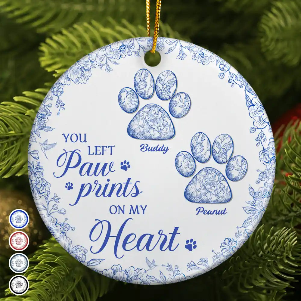 You Left Paw Prints On My Heart Memorial - Personalized Circle Ceramic Ornament