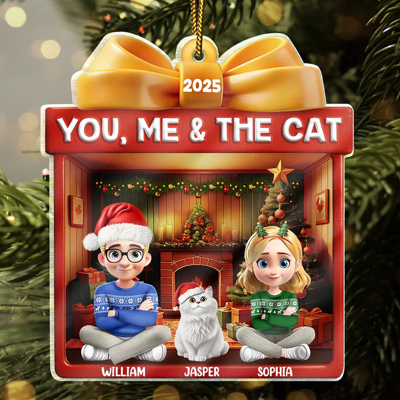 Happy,Gift For Couples,Pet Lovers,Christmas,Cat Couple,Cat Lovers - You Me And The Cat Christmas Box - Personalized Custom Shaped Acrylic Ornament