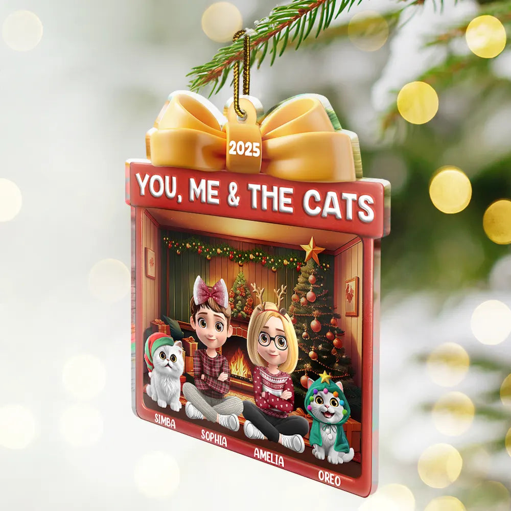 Happy,Gift For Couples,Pet Lovers,Christmas,Cat Couple,Cat Lovers - You Me And The Cat Christmas Box - Personalized Custom Shaped Acrylic Ornament