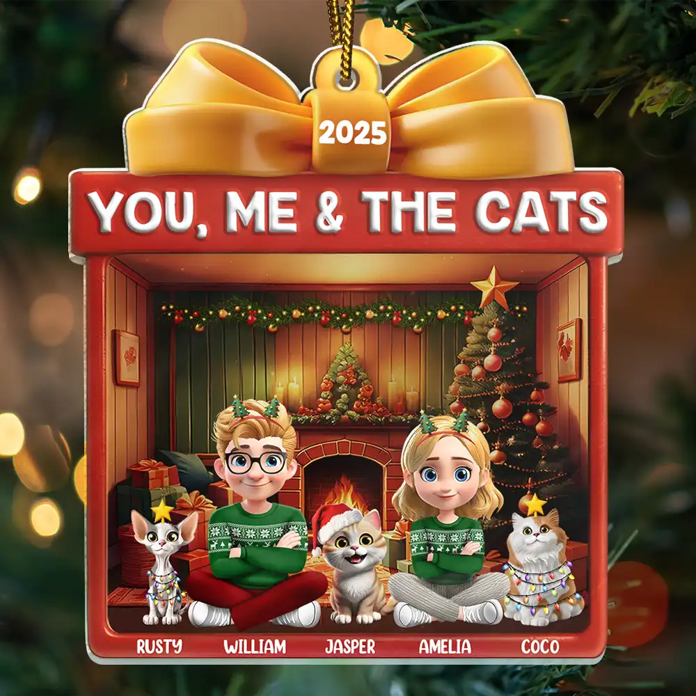 Happy,Gift For Couples,Pet Lovers,Christmas,Cat Couple,Cat Lovers - You Me And The Cat Christmas Box - Personalized Custom Shaped Acrylic Ornament