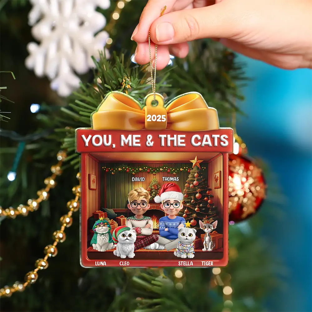 Happy,Gift For Couples,Pet Lovers,Christmas,Cat Couple,Cat Lovers - You Me And The Cat Christmas Box - Personalized Custom Shaped Acrylic Ornament