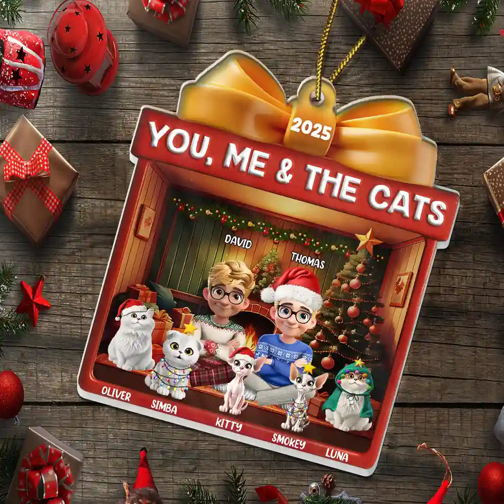 Happy,Gift For Couples,Pet Lovers,Christmas,Cat Couple,Cat Lovers - You Me And The Cat Christmas Box - Personalized Custom Shaped Acrylic Ornament