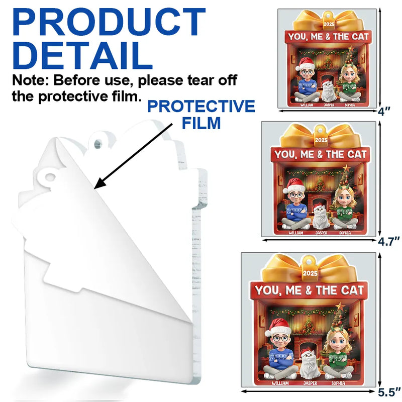 Happy,Gift For Couples,Pet Lovers,Christmas,Cat Couple,Cat Lovers - You Me And The Cat Christmas Box - Personalized Custom Shaped Acrylic Ornament