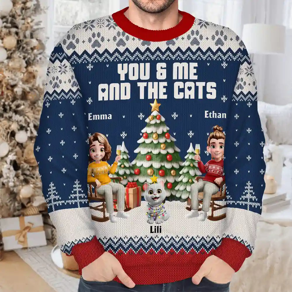 Christmas, Cat Lovers, Cat Couple, Happy - You & Me And The Cat 3D Effect Couple - Personalized Unisex Ugly Sweater