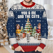 Christmas, Cat Lovers, Cat Couple, Happy - You & Me And The Cat 3D Effect Couple - Personalized Unisex Ugly Sweater