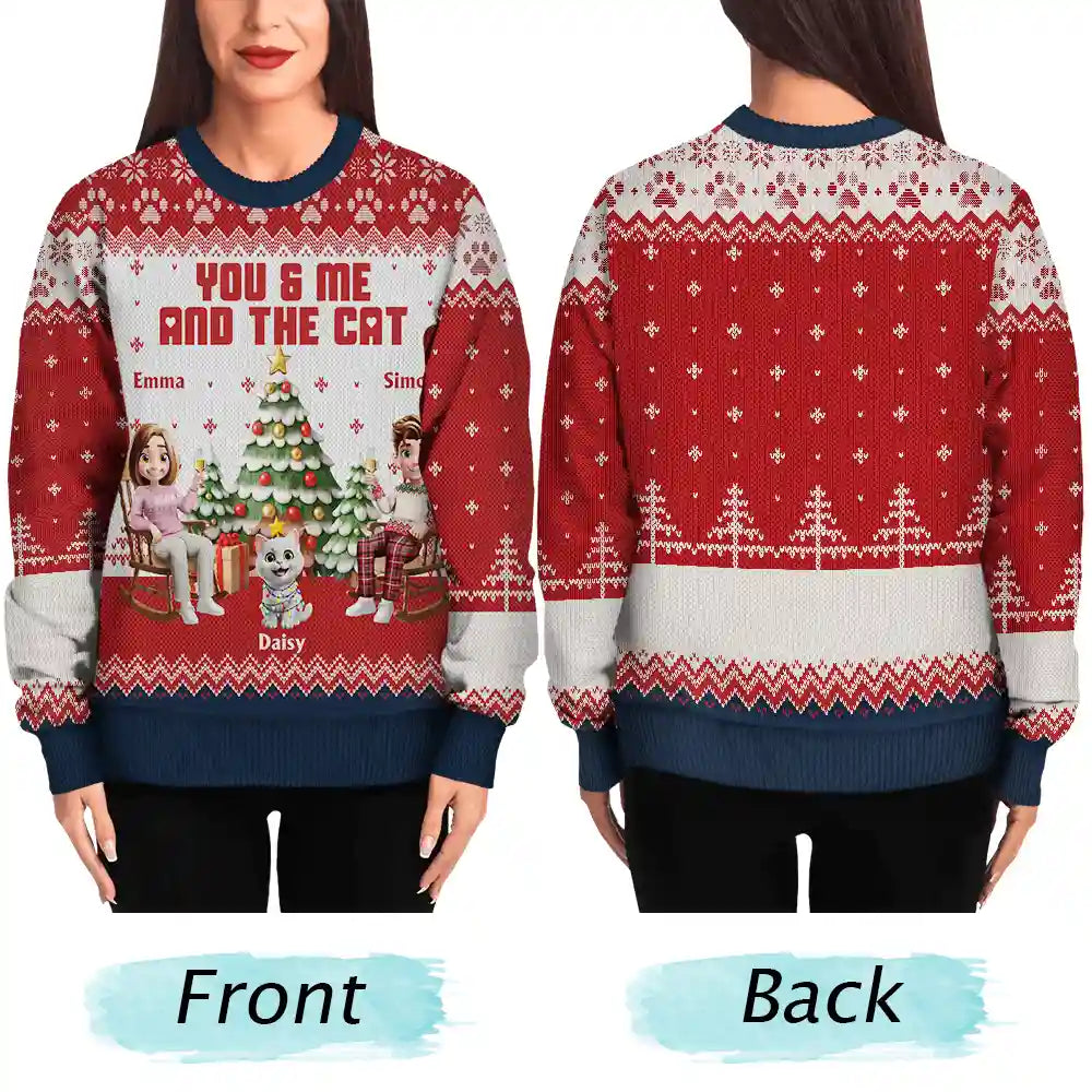 Christmas, Cat Lovers, Cat Couple, Happy - You & Me And The Cat 3D Effect Couple - Personalized Unisex Ugly Sweater