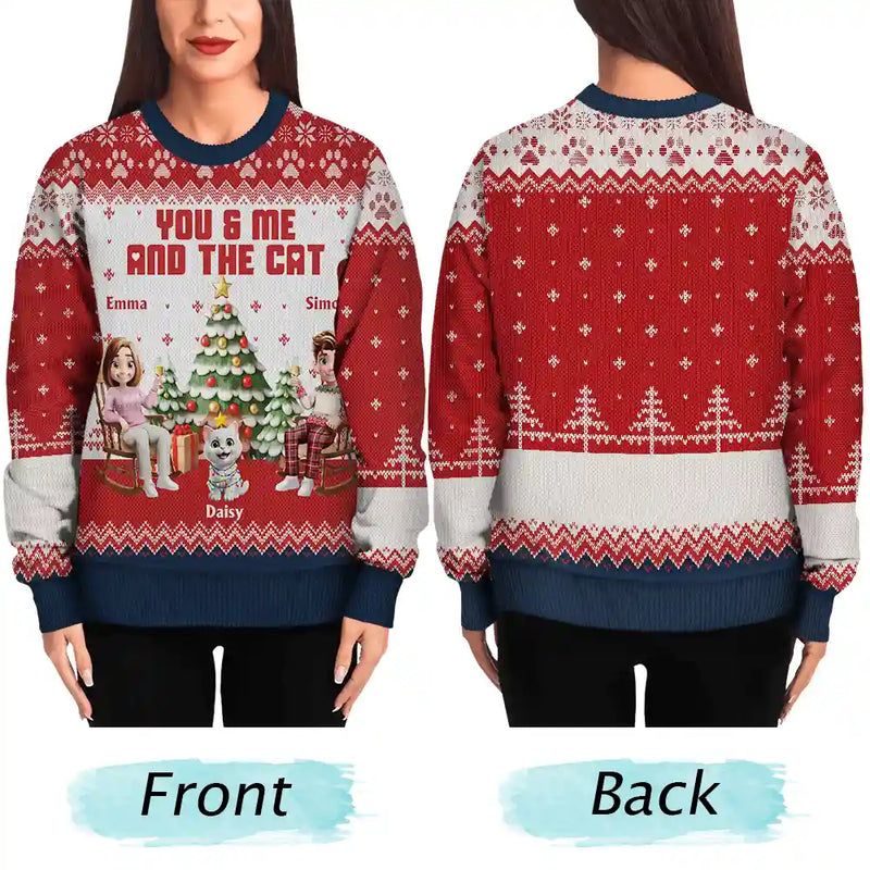 Christmas, Cat Lovers, Cat Couple, Happy - You & Me And The Cat 3D Effect Couple - Personalized Unisex Ugly Sweater