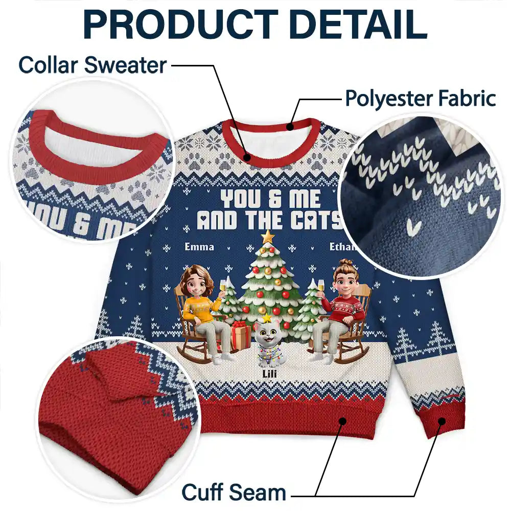 Christmas, Cat Lovers, Cat Couple, Happy - You & Me And The Cat 3D Effect Couple - Personalized Unisex Ugly Sweater