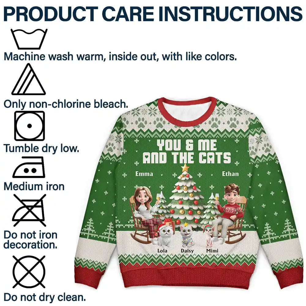 Christmas, Cat Lovers, Cat Couple, Happy - You & Me And The Cat 3D Effect Couple - Personalized Unisex Ugly Sweater