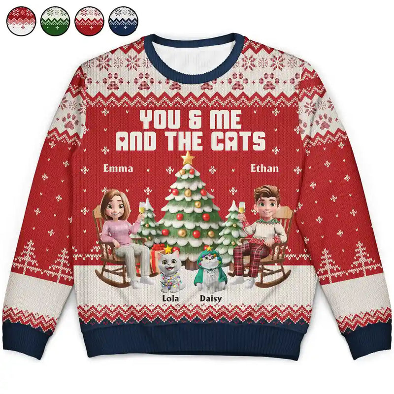 Christmas, Cat Lovers, Cat Couple, Happy - You & Me And The Cat 3D Effect Couple - Personalized Unisex Ugly Sweater