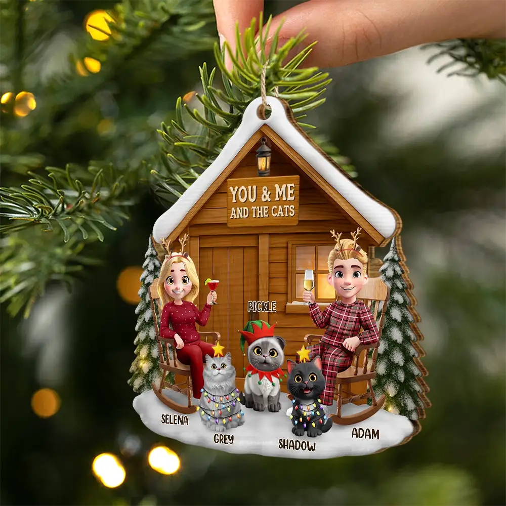 Gift For Couples, Gift For Husband, Gift For Wife, Pet Lovers, Pet Couple, Cat Lovers, Cat Couple, Christmas, Happy - You & Me And The Cat 3D Effect Couple - Personalized Custom Shaped Wooden Ornament
