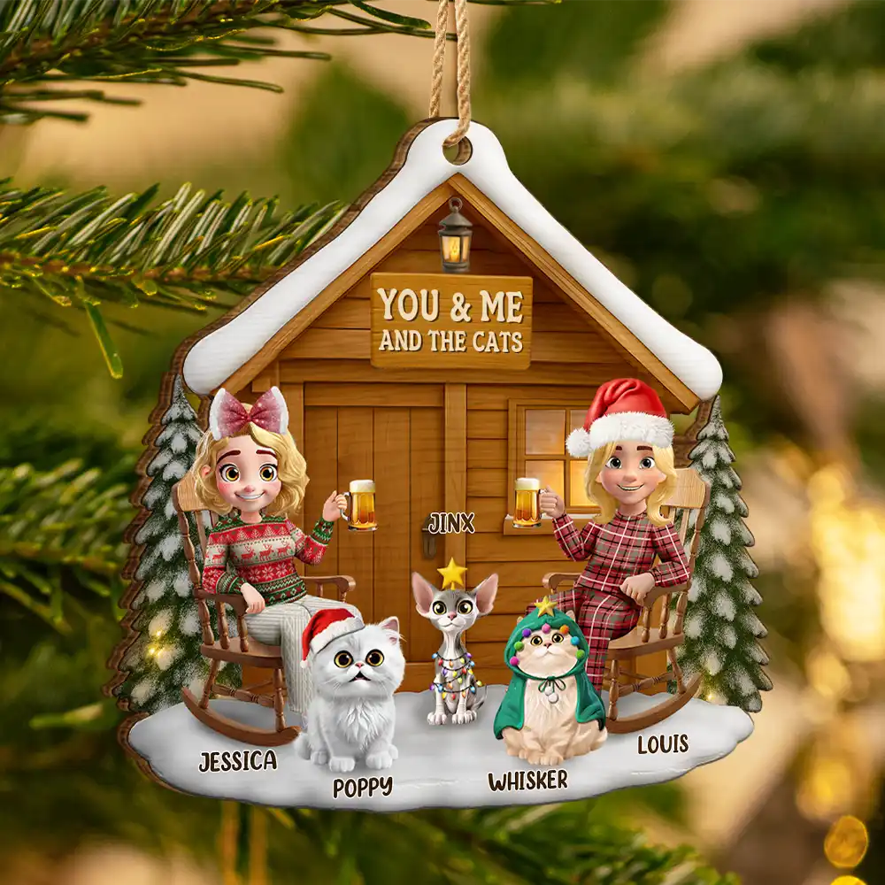 Gift For Couples, Gift For Husband, Gift For Wife, Pet Lovers, Pet Couple, Cat Lovers, Cat Couple, Christmas, Happy - You & Me And The Cat 3D Effect Couple - Personalized Custom Shaped Wooden Ornament
