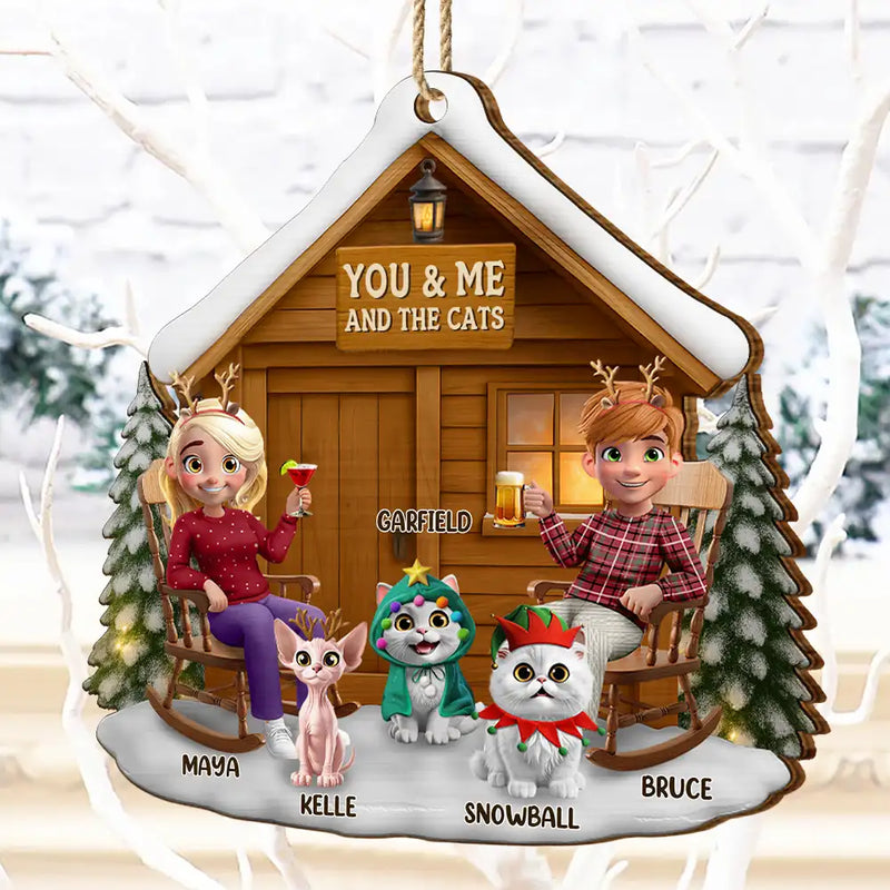 Gift For Couples, Gift For Husband, Gift For Wife, Pet Lovers, Pet Couple, Cat Lovers, Cat Couple, Christmas, Happy - You & Me And The Cat 3D Effect Couple - Personalized Custom Shaped Wooden Ornament