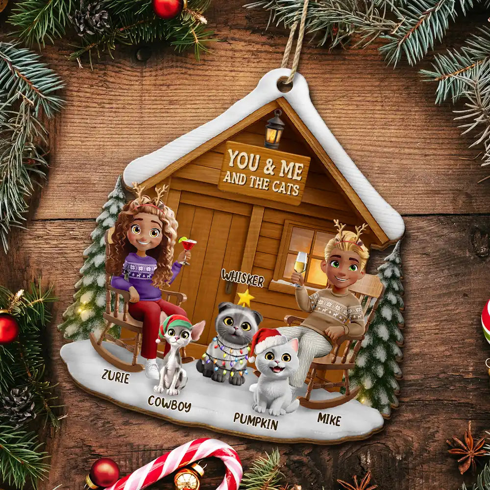 Gift For Couples, Gift For Husband, Gift For Wife, Pet Lovers, Pet Couple, Cat Lovers, Cat Couple, Christmas, Happy - You & Me And The Cat 3D Effect Couple - Personalized Custom Shaped Wooden Ornament
