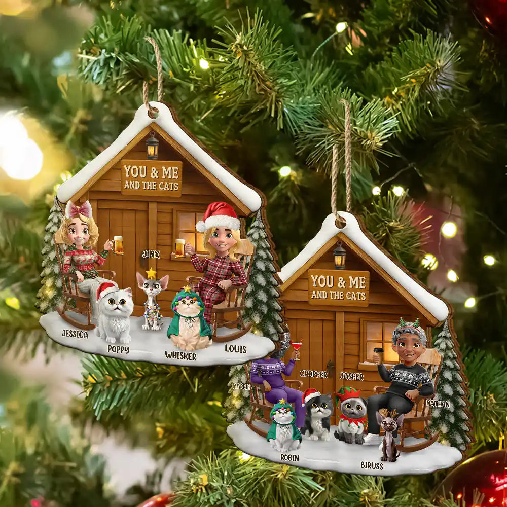 Gift For Couples, Gift For Husband, Gift For Wife, Pet Lovers, Pet Couple, Cat Lovers, Cat Couple, Christmas, Happy - You & Me And The Cat 3D Effect Couple - Personalized Custom Shaped Wooden Ornament