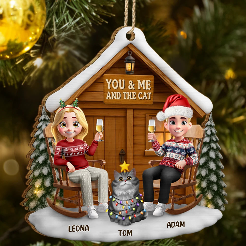 Gift For Couples, Gift For Husband, Gift For Wife, Pet Lovers, Pet Couple, Cat Lovers, Cat Couple, Christmas, Happy - You & Me And The Cat 3D Effect Couple - Personalized Custom Shaped Wooden Ornament