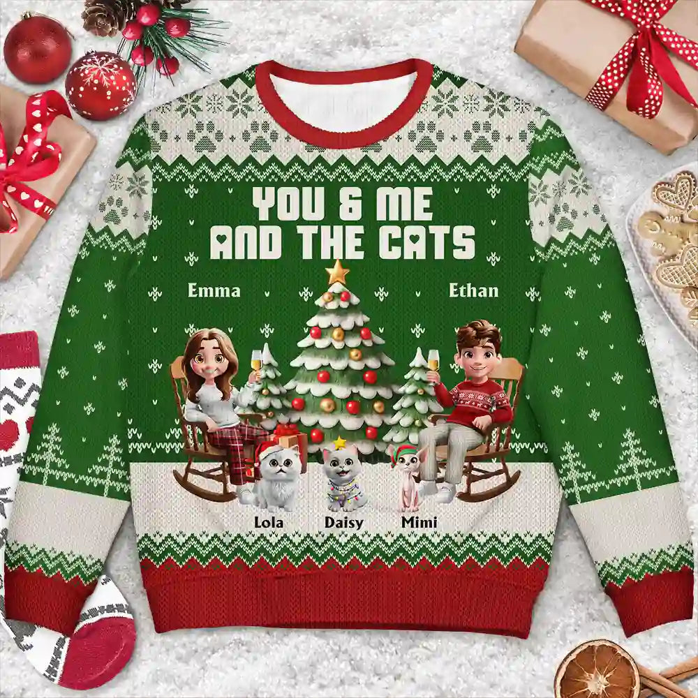 Christmas, Cat Lovers, Cat Couple, Happy - You & Me And The Cat 3D Effect Couple - Personalized Unisex Ugly Sweater