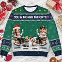 Gift For Couples,Gift For Husband,Gift For Wife,Gift For Boyfriend,Gift For Girlfriend,Pet Lovers,Pet Couple,Cat Lovers,Cat Couple,Christmas,Happy - You & Me And The Cat Happy 3D Effect Couple - Personalized Unisex Ugly Sweater