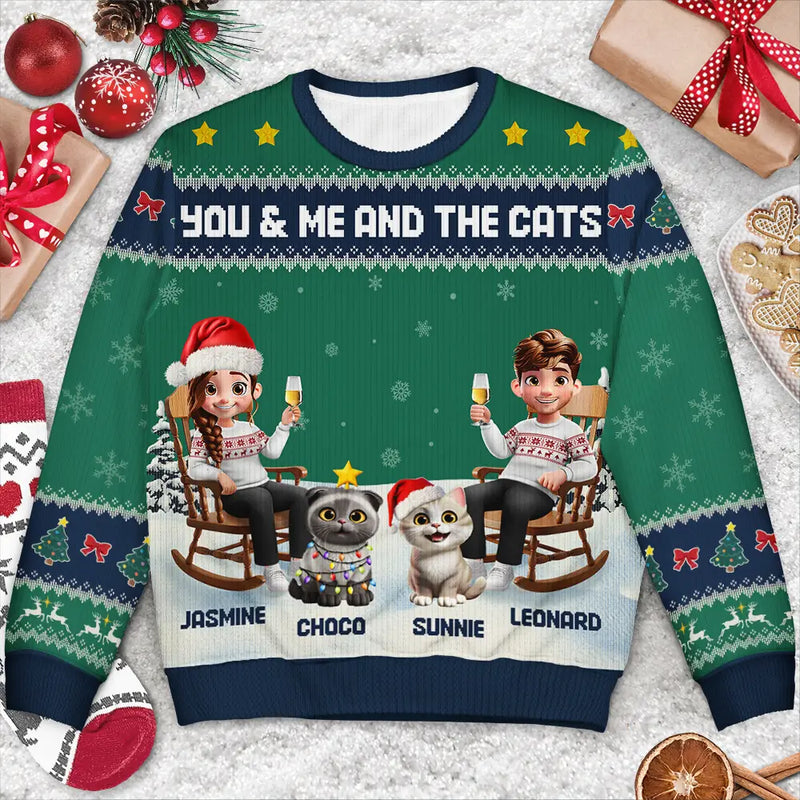 Gift For Couples,Gift For Husband,Gift For Wife,Gift For Boyfriend,Gift For Girlfriend,Pet Lovers,Pet Couple,Cat Lovers,Cat Couple,Christmas,Happy - You & Me And The Cat Happy 3D Effect Couple - Personalized Unisex Ugly Sweater