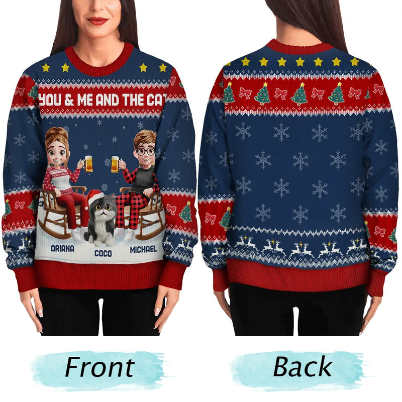Gift For Couples,Gift For Husband,Gift For Wife,Gift For Boyfriend,Gift For Girlfriend,Pet Lovers,Pet Couple,Cat Lovers,Cat Couple,Christmas,Happy - You & Me And The Cat Happy 3D Effect Couple - Personalized Unisex Ugly Sweater