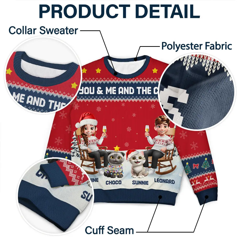 Gift For Couples,Gift For Husband,Gift For Wife,Gift For Boyfriend,Gift For Girlfriend,Pet Lovers,Pet Couple,Cat Lovers,Cat Couple,Christmas,Happy - You & Me And The Cat Happy 3D Effect Couple - Personalized Unisex Ugly Sweater
