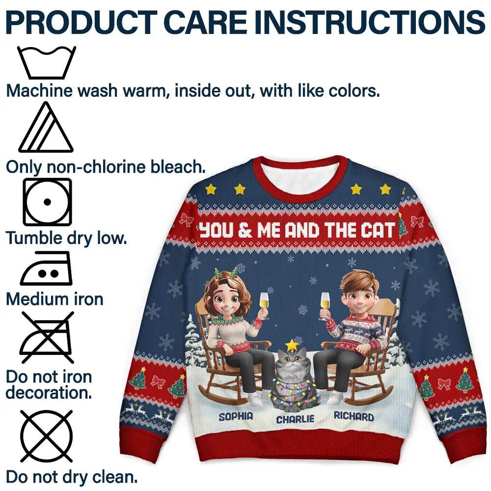 Gift For Couples,Gift For Husband,Gift For Wife,Gift For Boyfriend,Gift For Girlfriend,Pet Lovers,Pet Couple,Cat Lovers,Cat Couple,Christmas,Happy - You & Me And The Cat Happy 3D Effect Couple - Personalized Unisex Ugly Sweater