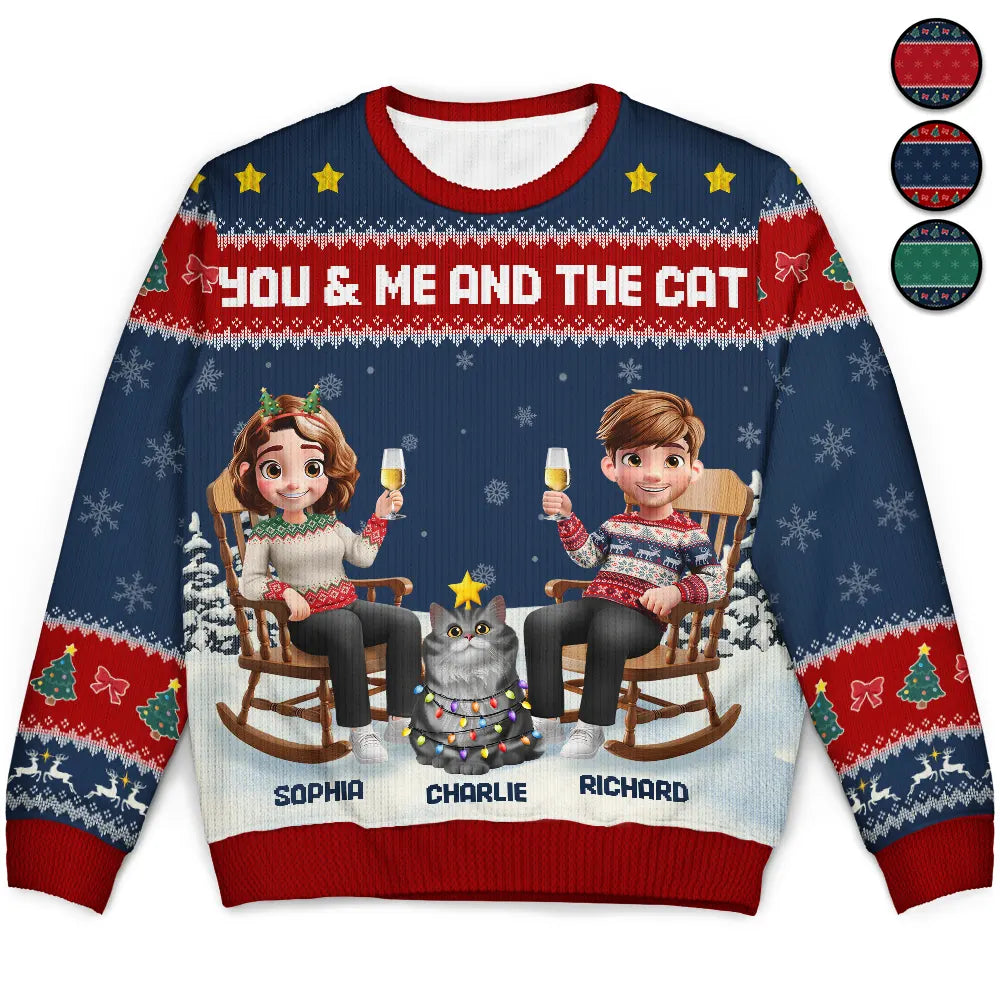 Gift For Couples,Gift For Husband,Gift For Wife,Gift For Boyfriend,Gift For Girlfriend,Pet Lovers,Pet Couple,Cat Lovers,Cat Couple,Christmas,Happy - You & Me And The Cat Happy 3D Effect Couple - Personalized Unisex Ugly Sweater