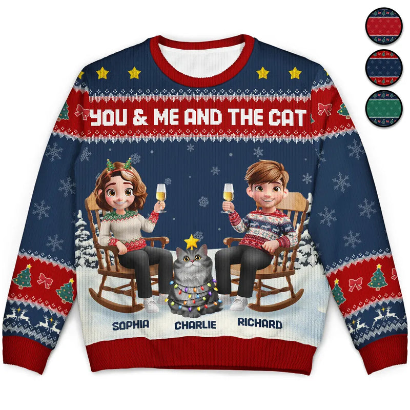 Gift For Couples,Gift For Husband,Gift For Wife,Gift For Boyfriend,Gift For Girlfriend,Pet Lovers,Pet Couple,Cat Lovers,Cat Couple,Christmas,Happy - You & Me And The Cat Happy 3D Effect Couple - Personalized Unisex Ugly Sweater