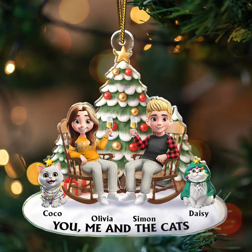 Christmas, Cat Lovers, Cat Couple Happy - You & Me And The Cats 3D Effect Couple Sitting - Personalized Custom Shaped Acrylic Ornament
