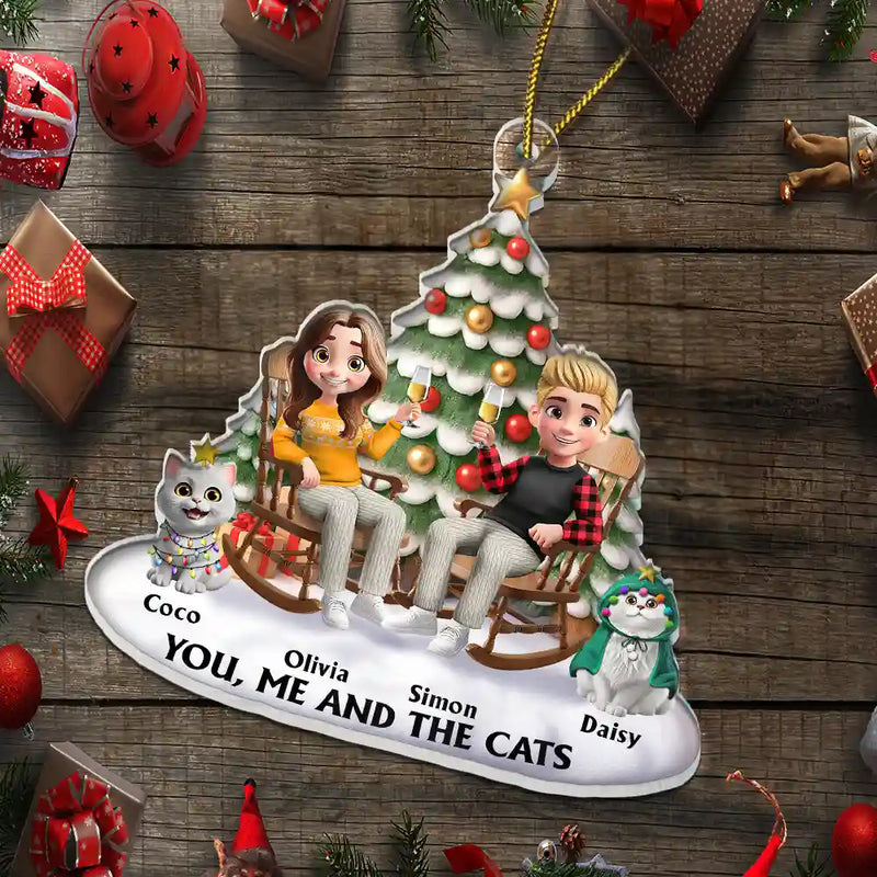 Christmas, Cat Lovers, Cat Couple Happy - You & Me And The Cats 3D Effect Couple Sitting - Personalized Custom Shaped Acrylic Ornament