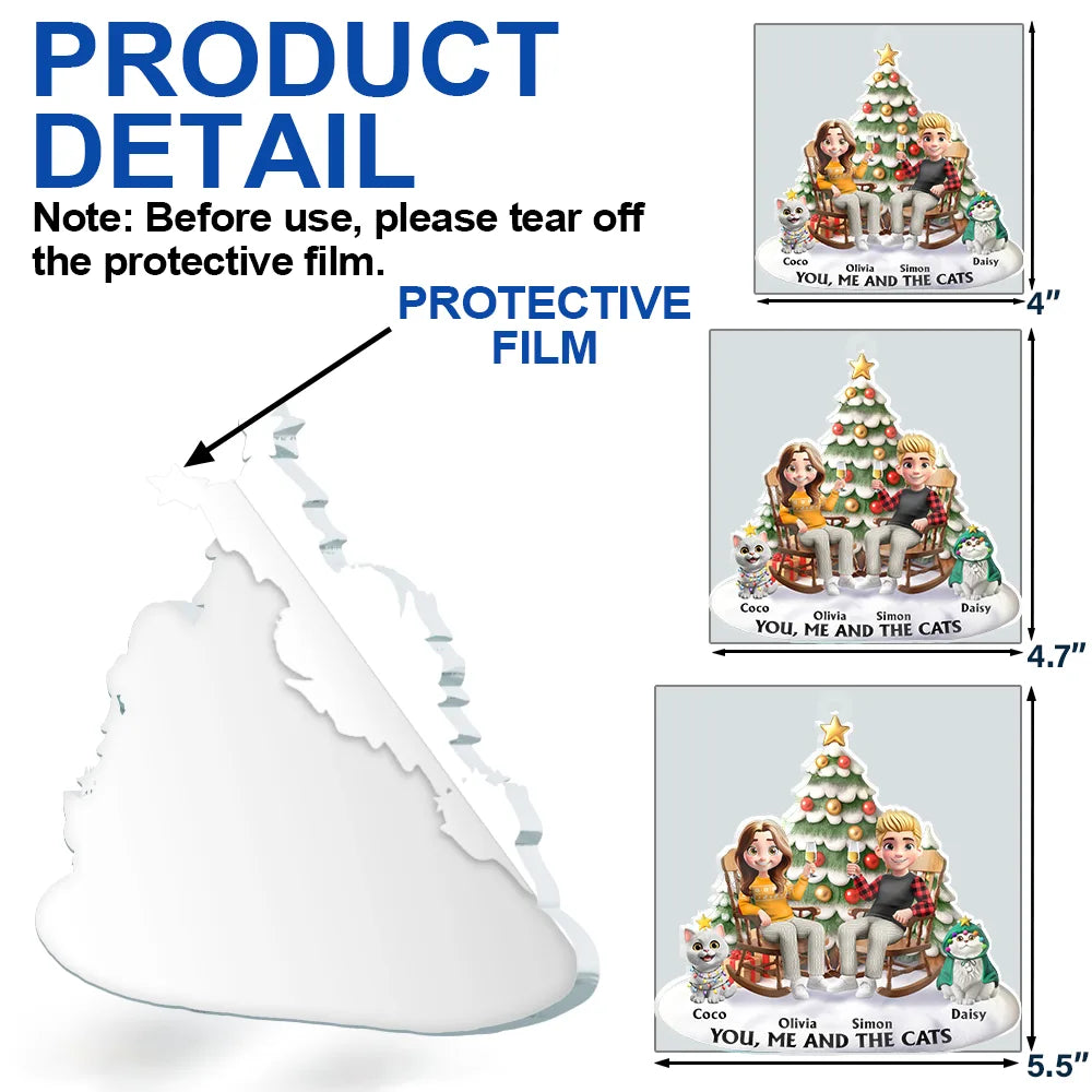 Christmas, Cat Lovers, Cat Couple Happy - You & Me And The Cats 3D Effect Couple Sitting - Personalized Custom Shaped Acrylic Ornament