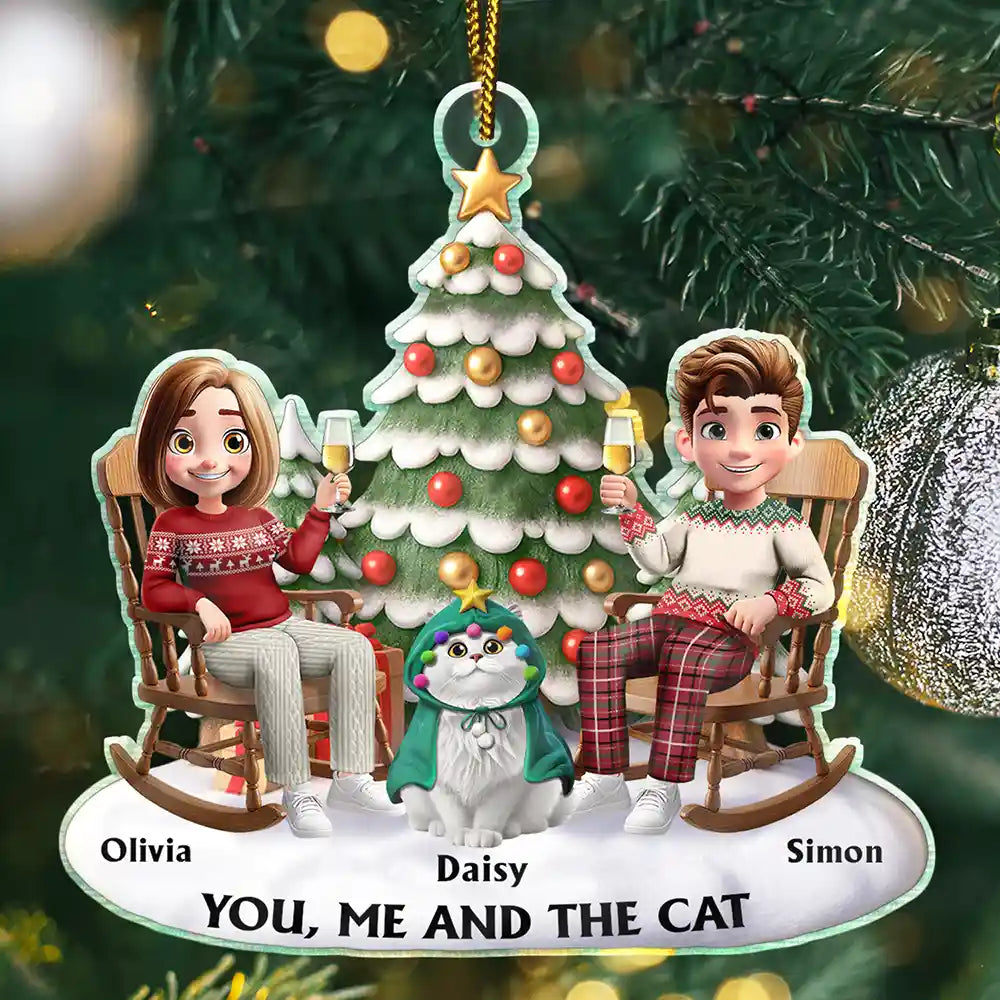 Christmas, Cat Lovers, Cat Couple Happy - You & Me And The Cats 3D Effect Couple Sitting - Personalized Custom Shaped Acrylic Ornament