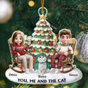 Christmas, Cat Lovers, Cat Couple Happy - You & Me And The Cats 3D Effect Couple Sitting - Personalized Custom Shaped Acrylic Ornament