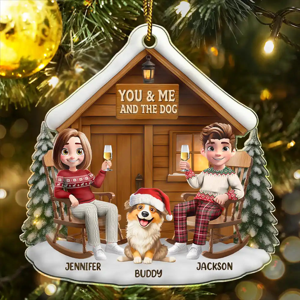 You & Me And The Dog 3D Effect Couple - Personalized Custom Shaped Acrylic Ornament