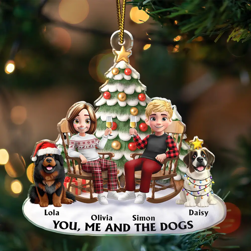 Christmas,Dog Lovers,Dog Couple,Happy - You & Me And The Dog 3D Effect Couple Sitting - Personalized Custom Shaped Acrylic Ornament