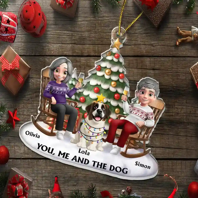 Christmas,Dog Lovers,Dog Couple,Happy - You & Me And The Dog 3D Effect Couple Sitting - Personalized Custom Shaped Acrylic Ornament