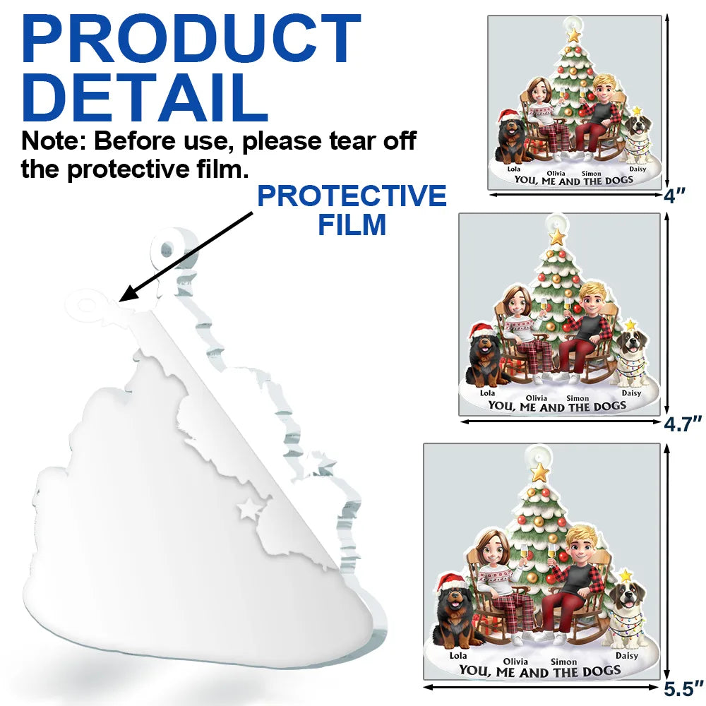 Christmas,Dog Lovers,Dog Couple,Happy - You & Me And The Dog 3D Effect Couple Sitting - Personalized Custom Shaped Acrylic Ornament