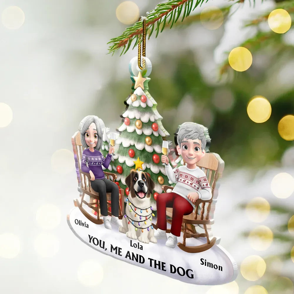 Christmas,Dog Lovers,Dog Couple,Happy - You & Me And The Dog 3D Effect Couple Sitting - Personalized Custom Shaped Acrylic Ornament