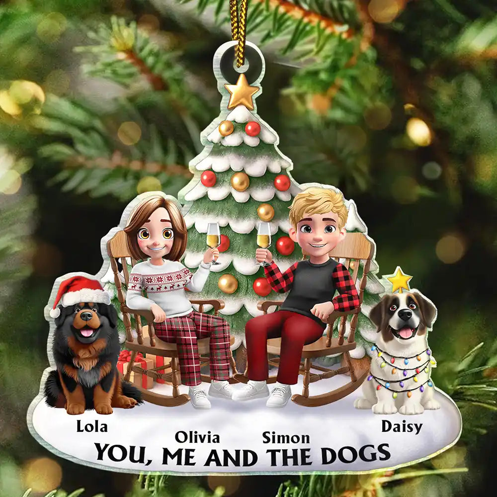 You & Me And The Dog 3D Effect Couple Sitting - Personalized Custom Shaped Acrylic Ornament