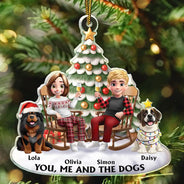 Christmas,Dog Lovers,Dog Couple,Happy - You & Me And The Dog 3D Effect Couple Sitting - Personalized Custom Shaped Acrylic Ornament