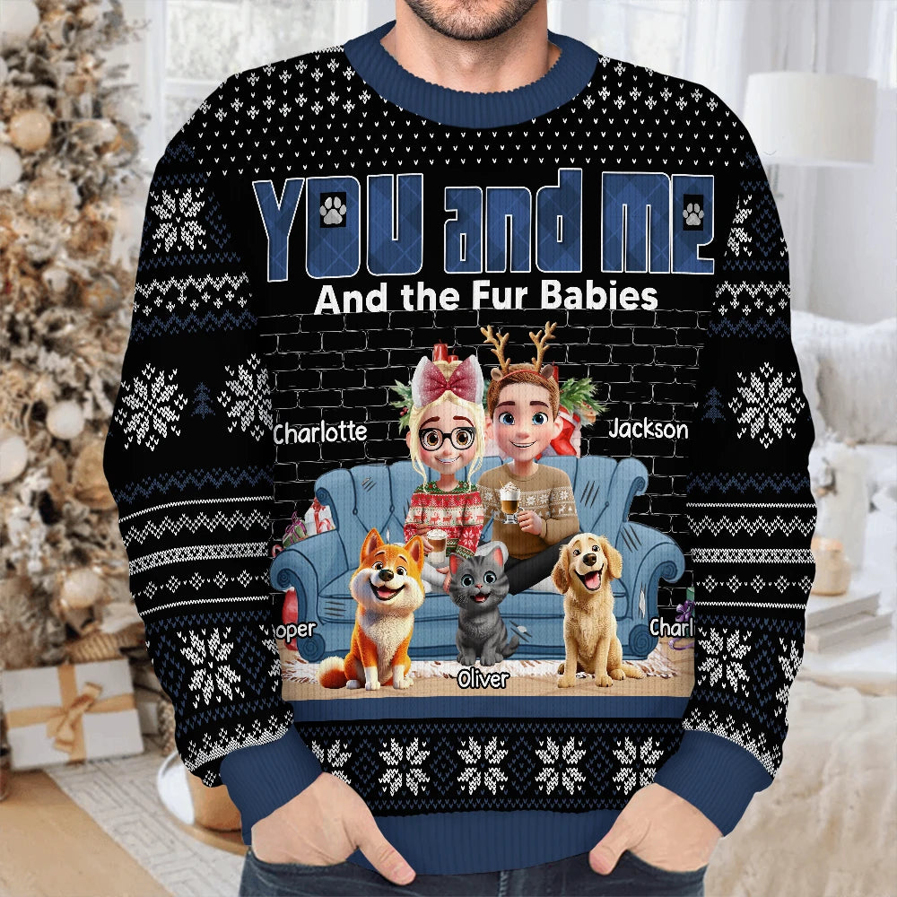 Pet Lovers,Pet Couple,Cat Lovers,Dog Lovers,Happy - You & Me And The Dogs 3D Effect - Personalized Unisex Ugly Sweater