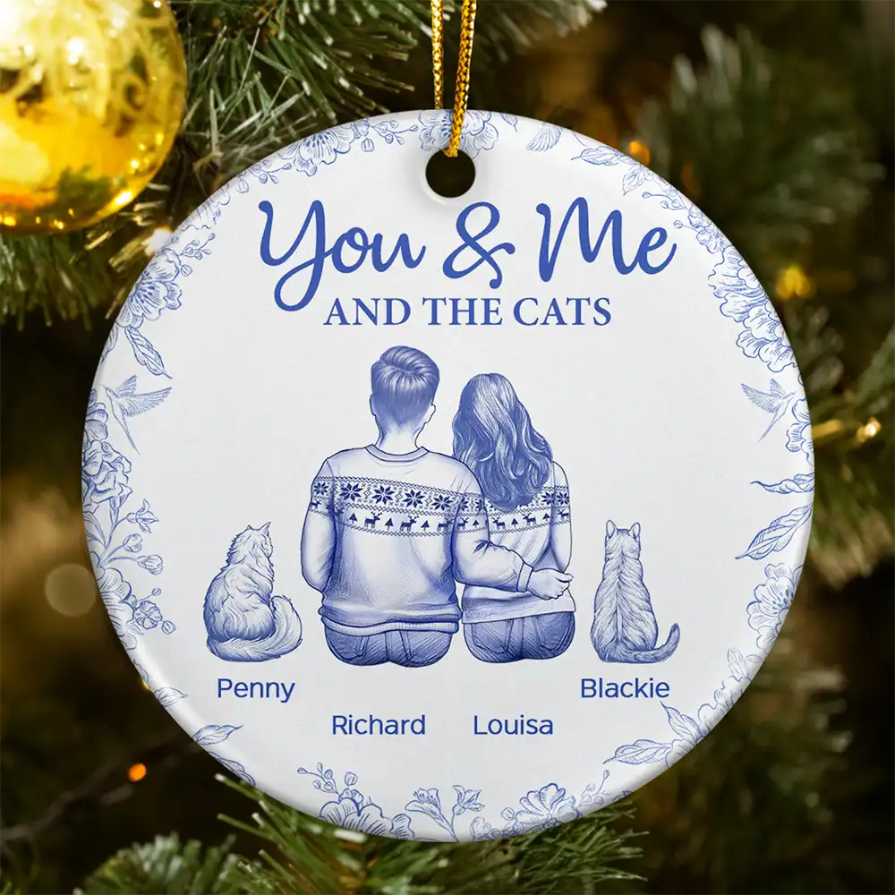 You & Me & The Cat Toile - Personalized Circle Ceramic Ornament