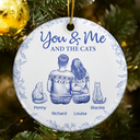 Cat Lovers, Pet Lovers, Happy, Cat Couple, Christmas - You & Me & The Cat Toile - Personalized Circle Ceramic Ornament