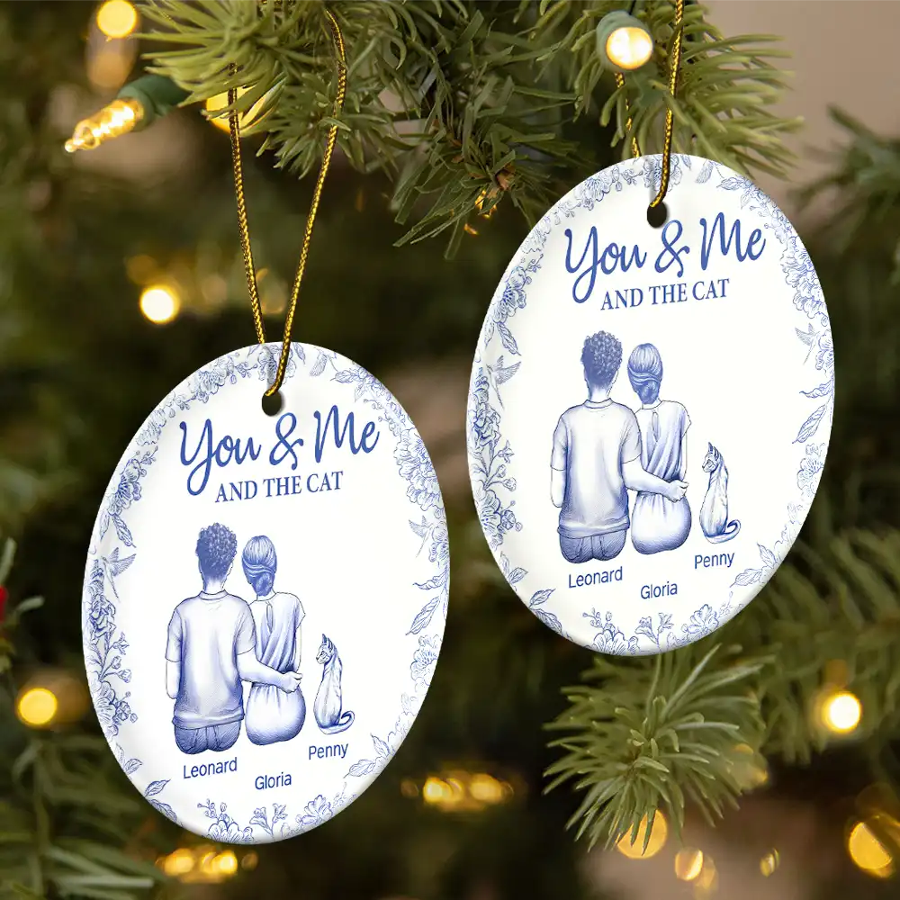 Cat Lovers, Pet Lovers, Happy, Cat Couple, Christmas - You & Me & The Cat Toile - Personalized Circle Ceramic Ornament