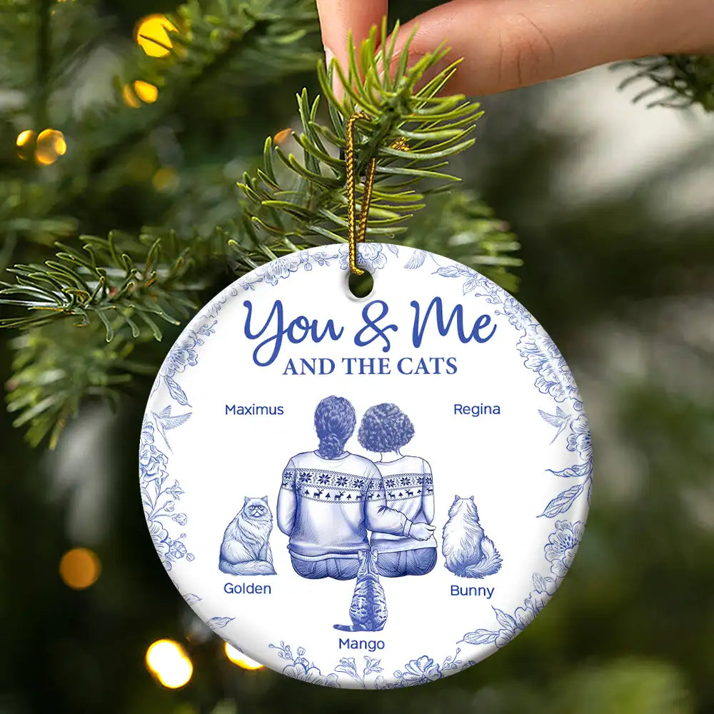Cat Lovers, Pet Lovers, Happy, Cat Couple, Christmas - You & Me & The Cat Toile - Personalized Circle Ceramic Ornament