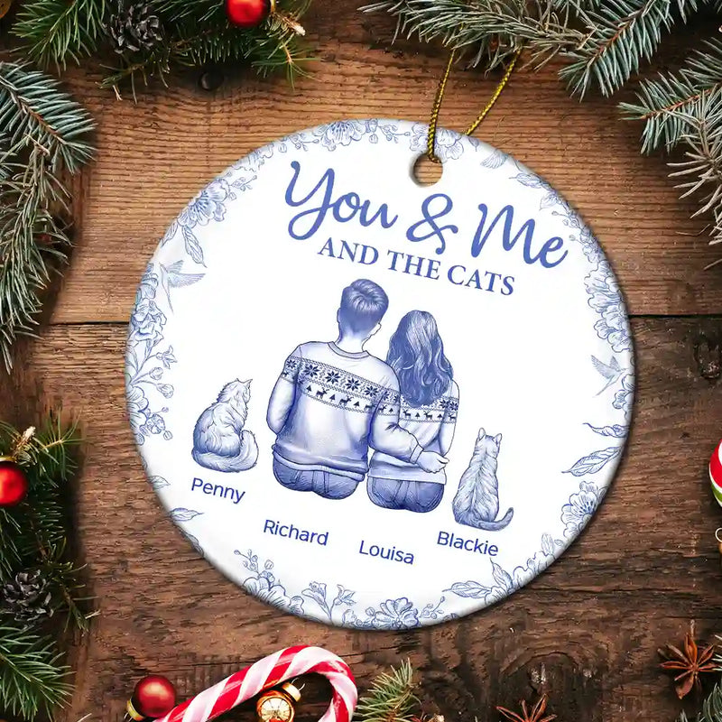 Cat Lovers, Pet Lovers, Happy, Cat Couple, Christmas - You & Me & The Cat Toile - Personalized Circle Ceramic Ornament